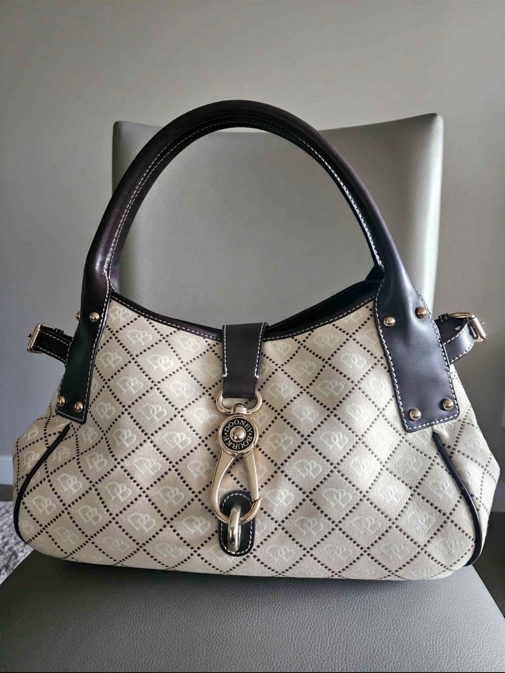 Dooney & Bourke Cream Logo Shoulder Bag with Dark Brown Trim